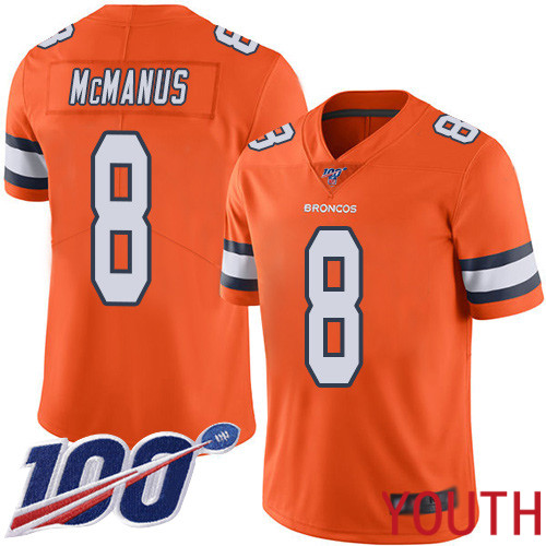 Youth Denver Broncos #8 Brandon McManus Limited Orange Rush Vapor Untouchable 100th Season Football NFL Jersey